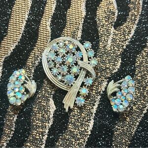 Vintage Coro Pegasus blue aurora borealis brooch and earring set